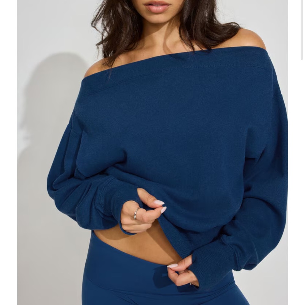 GARAGE SoftTerry Rib Off Shoulder Sweater in Midnight Blue